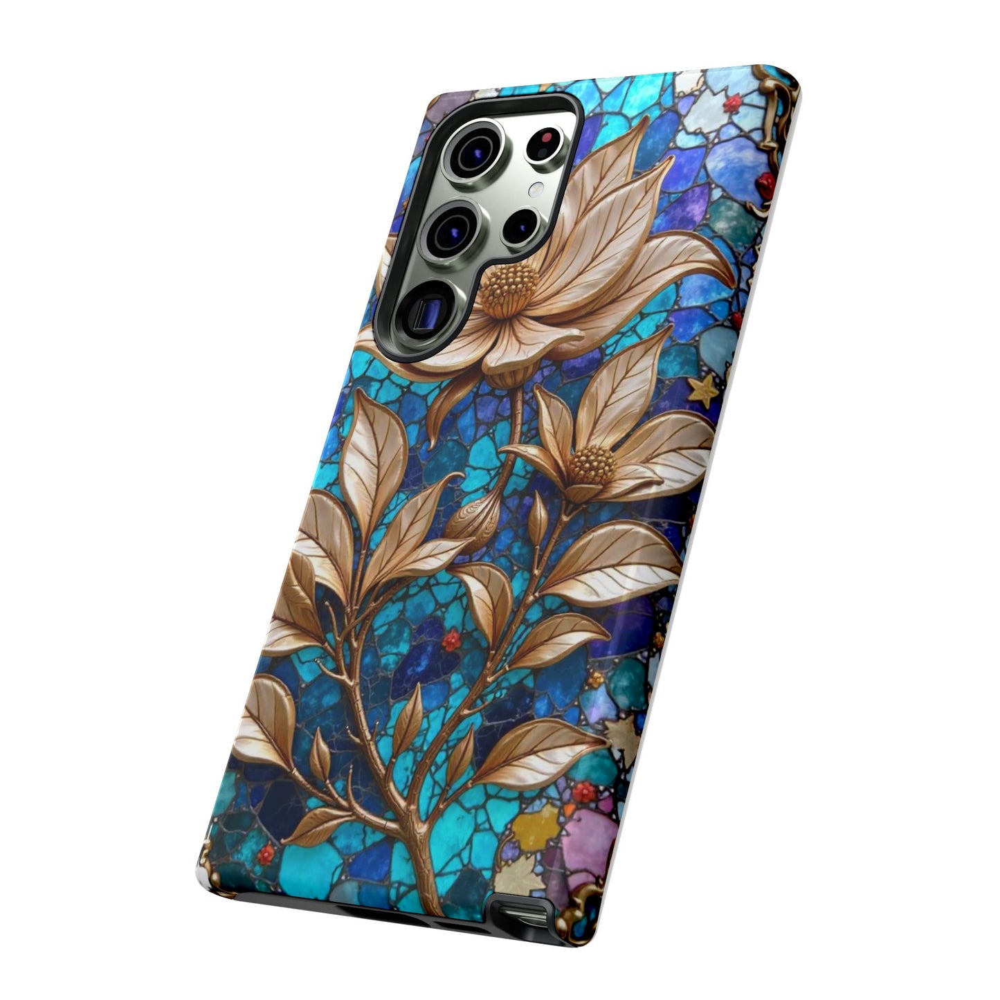 Golden Blossoms on Mosaic Blue Elegance