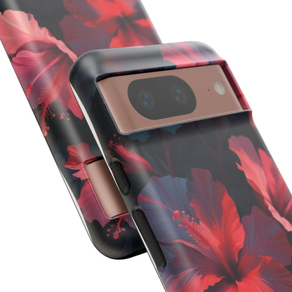 Vibrant red and pink hibiscus flowers blooming against a dark background| Floral phone case design