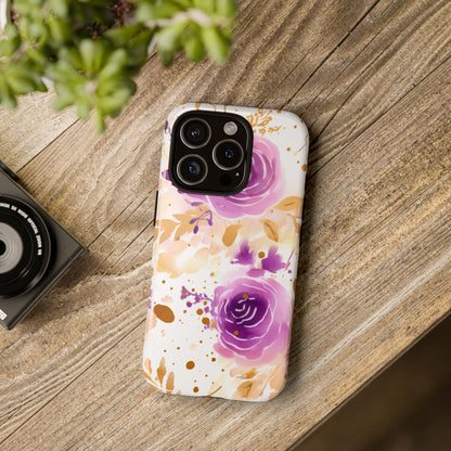 Purple Bloom Watercolor Mobile Case – Artistic Elegance in Gold & Lilac