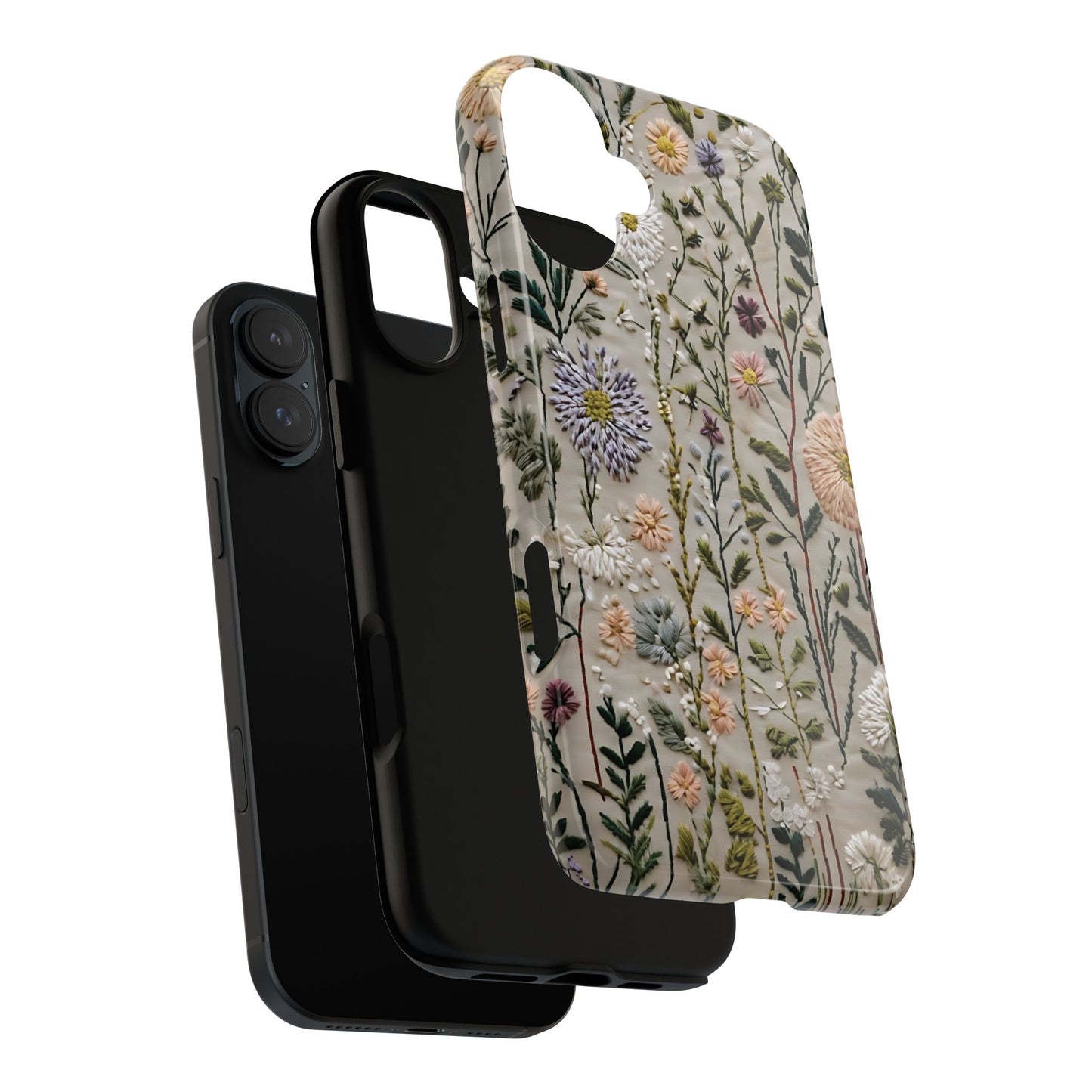 Intricate Embroidery Artwork Featuring Botanical Elements On Beige phone case design.
