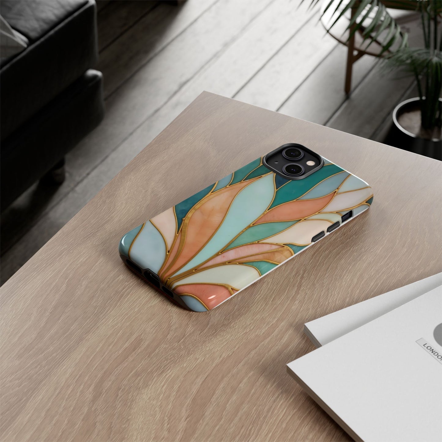Geometric Leaves: Teal, Peach, and Gold Harmony