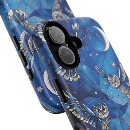 Surrealistic Owls Soaring Through A Celestial Night Sky phone case design.