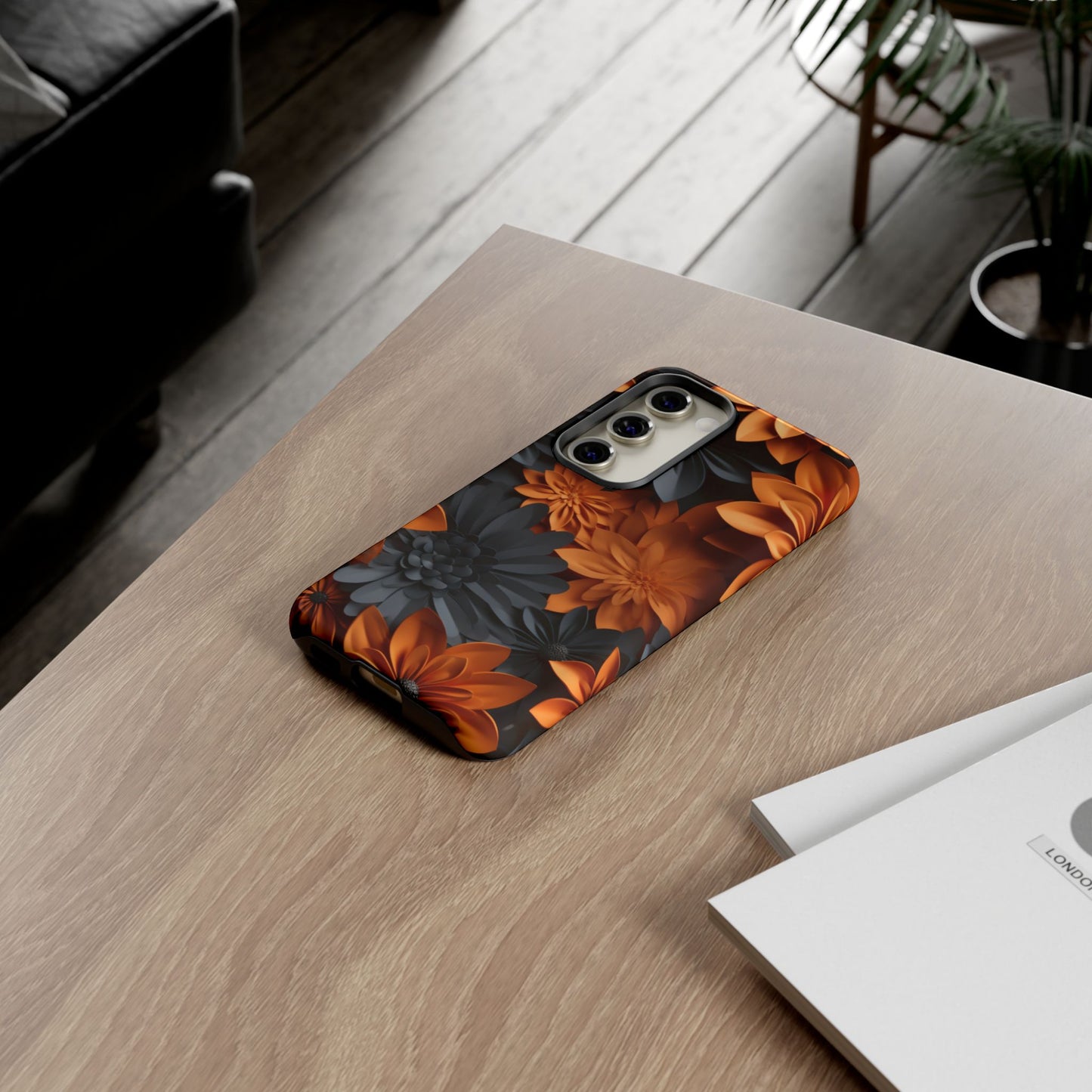 Orange & Black 3D Floral Mobile Case