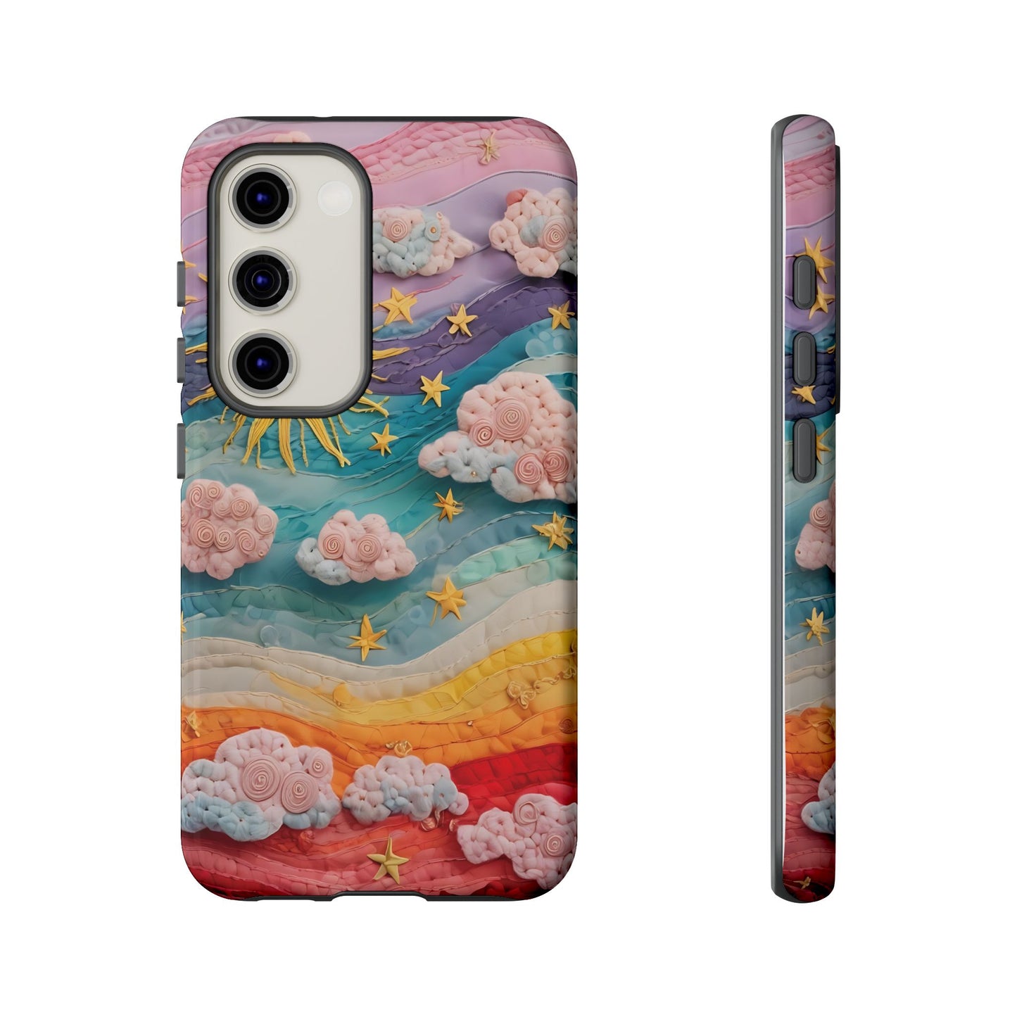 Whimsical Fiber Art Sky Scene With Dynamic Stripes And Clouds phone case design.