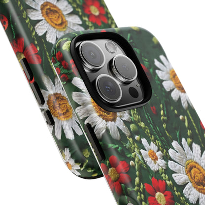 Intricate Embroidered Fabric Featuring Daisies And Ladybugs phone case design