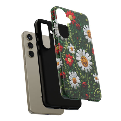 Intricate Embroidered Fabric Featuring Daisies And Ladybugs phone case design