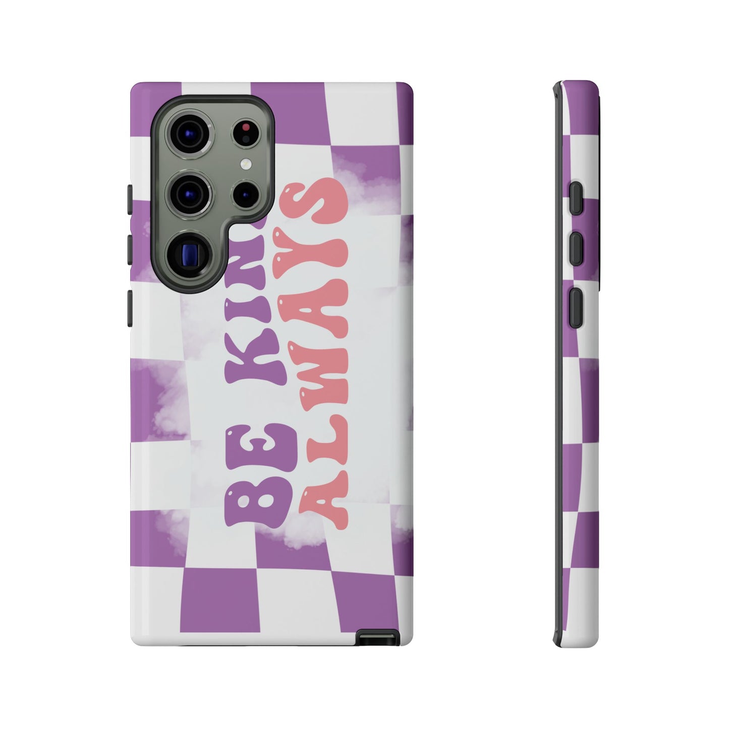 Be Kind Always Phone Case, Motivational Quote Cover for iPhone, Samsung & Google Pixel White Purple Checkered Pattern Phone Cover, Wavy Text Case, Kindness Phone Case, Inspirational Gift