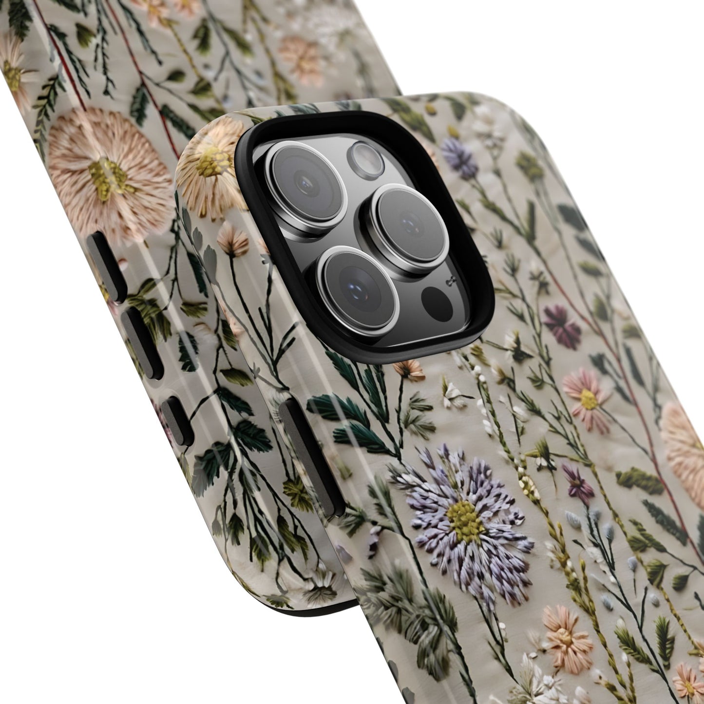 Intricate Embroidery Artwork Featuring Botanical Elements On Beige phone case design.