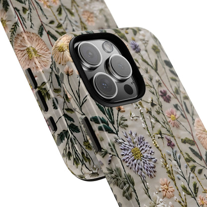 Intricate Embroidery Artwork Featuring Botanical Elements On Beige phone case design.