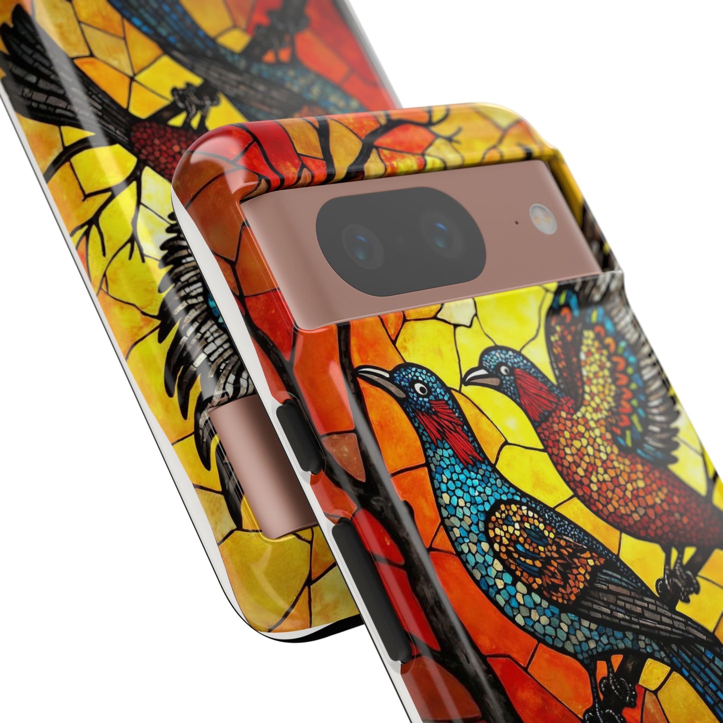 Vibrant Hummingbirds with Stained Glass Charm