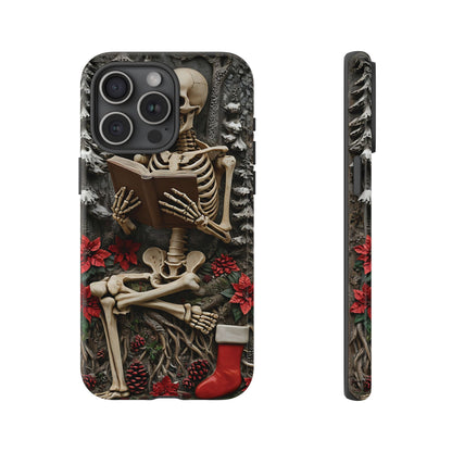 Surreal Relief Sculpture of Skeleton Reading Amidst Festive Decor phone case design