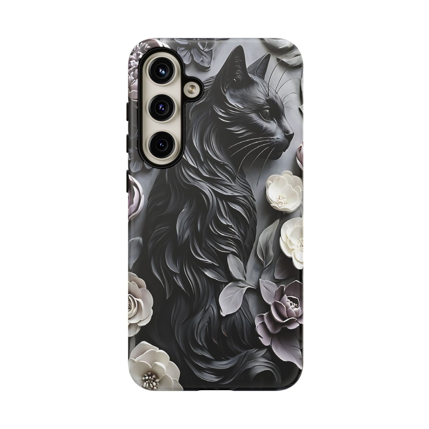 Intricate Bas-Relief Sculpture Of Black Cat Among Flowers phone case design