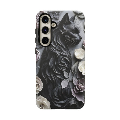 Intricate Bas-Relief Sculpture Of Black Cat Among Flowers phone case design