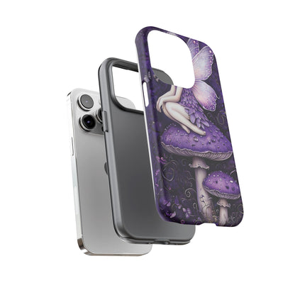 Whimsical Fairy Seated On Purple Mushroom In Enchanting Scene phone case design.