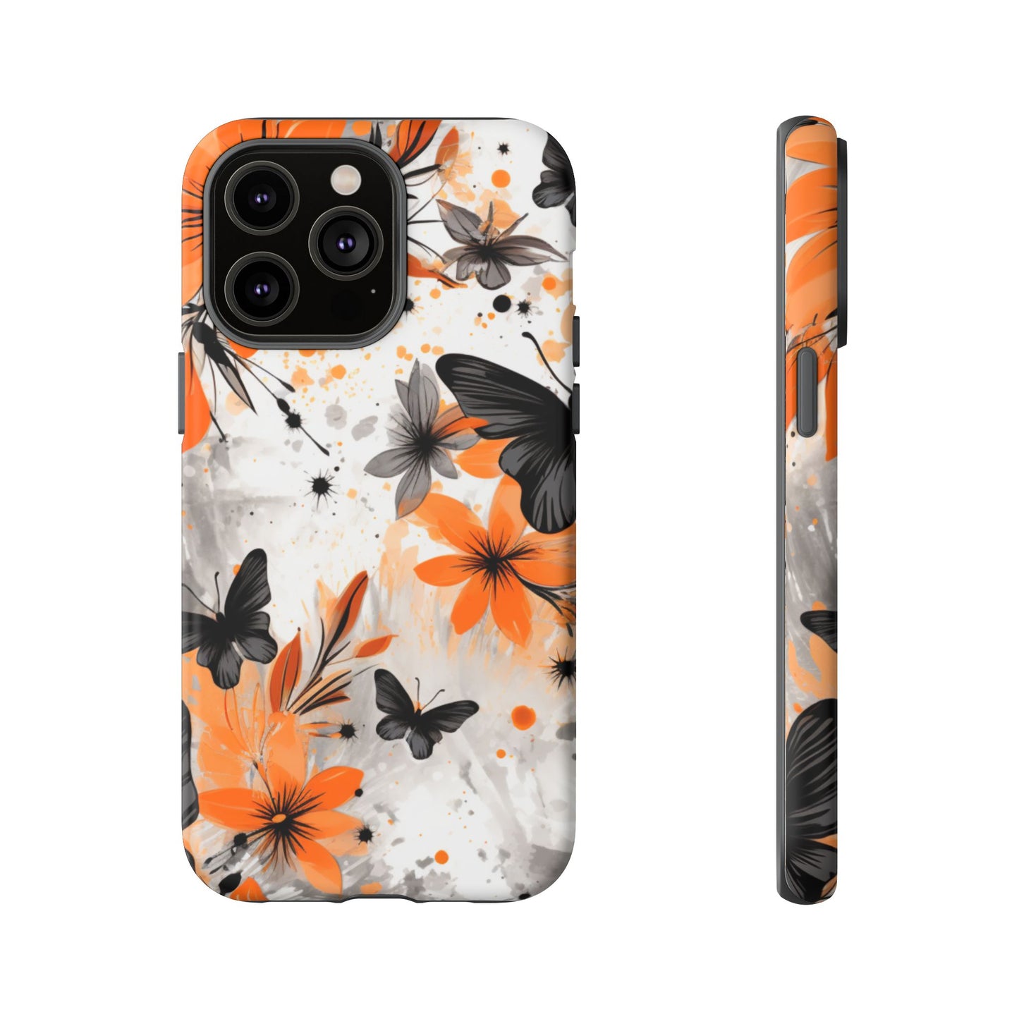 Bold Butterfly & Floral Splash Mobile Cover – Black & Orange Aesthetic
