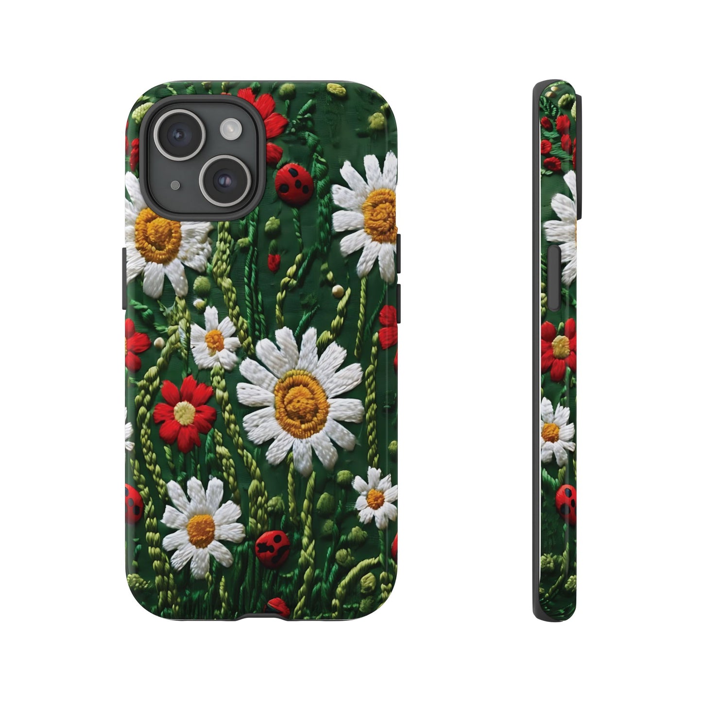 Intricate Embroidered Fabric Featuring Daisies And Ladybugs phone case design