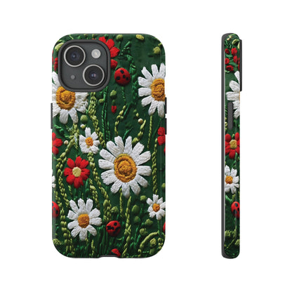 Intricate Embroidered Fabric Featuring Daisies And Ladybugs phone case design