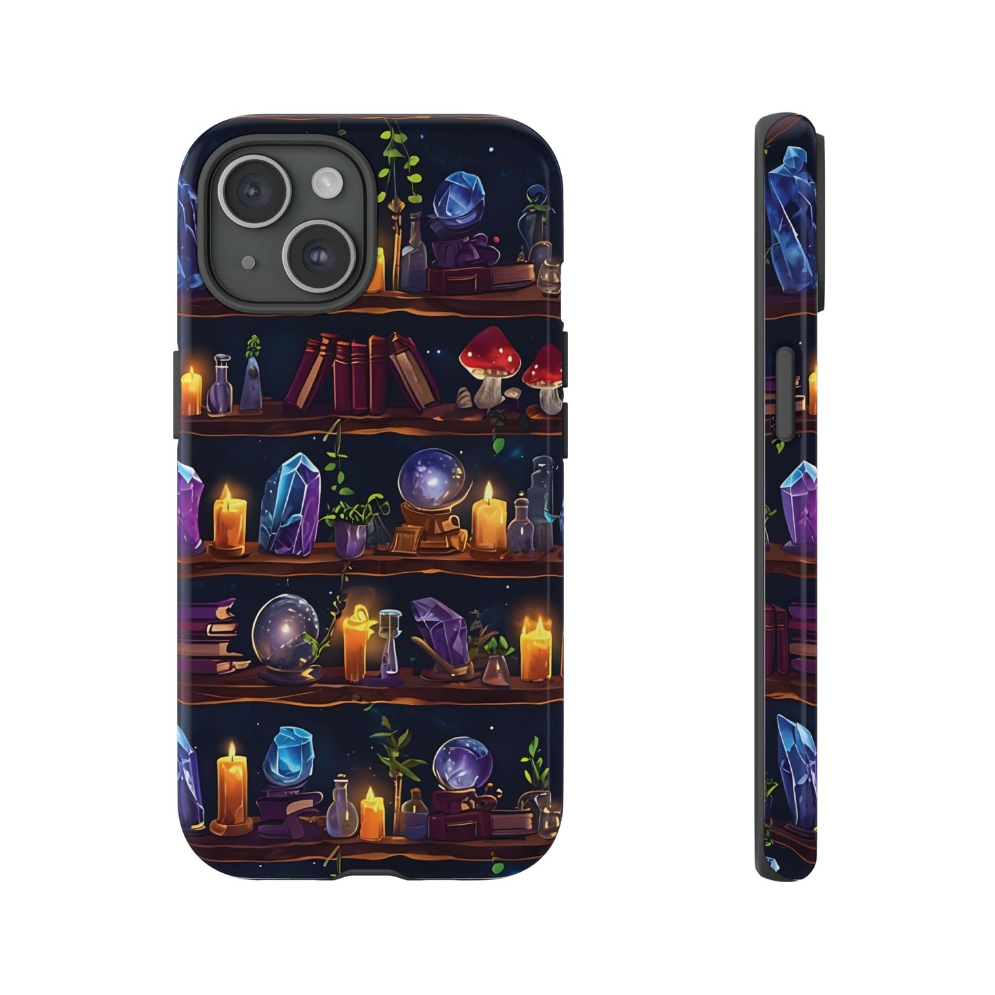 Fantasy Seamless Pattern Of Wooden Shelves Filled With Mystical Items phone case design.