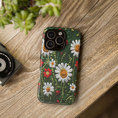 Intricate Embroidered Fabric Featuring Daisies And Ladybugs phone case design