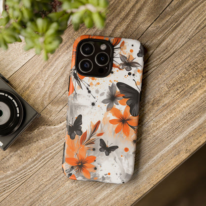 Bold Butterfly & Floral Splash Mobile Cover – Black & Orange Aesthetic