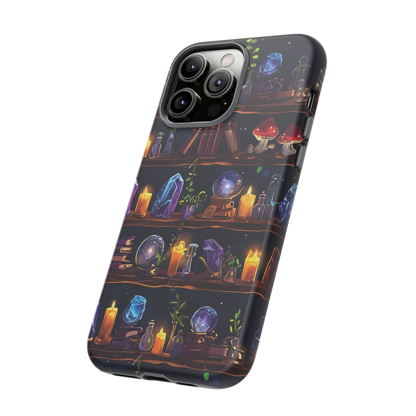 Fantasy Seamless Pattern Of Wooden Shelves Filled With Mystical Items phone case design.