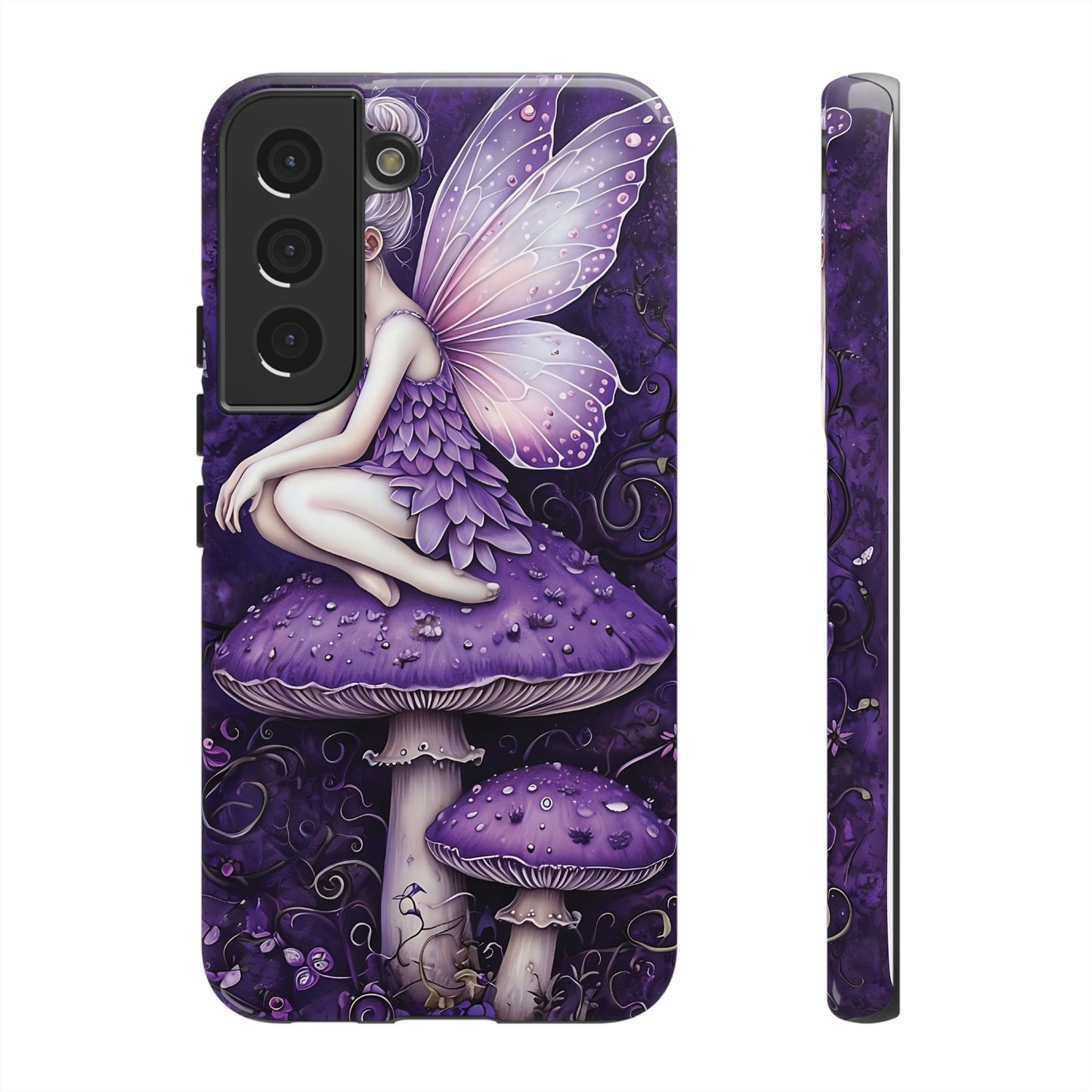 Whimsical Fairy Seated On Purple Mushroom In Enchanting Scene phone case design.