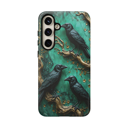 Three Black Ravens Perched On Gold-Accent Branches phone case design