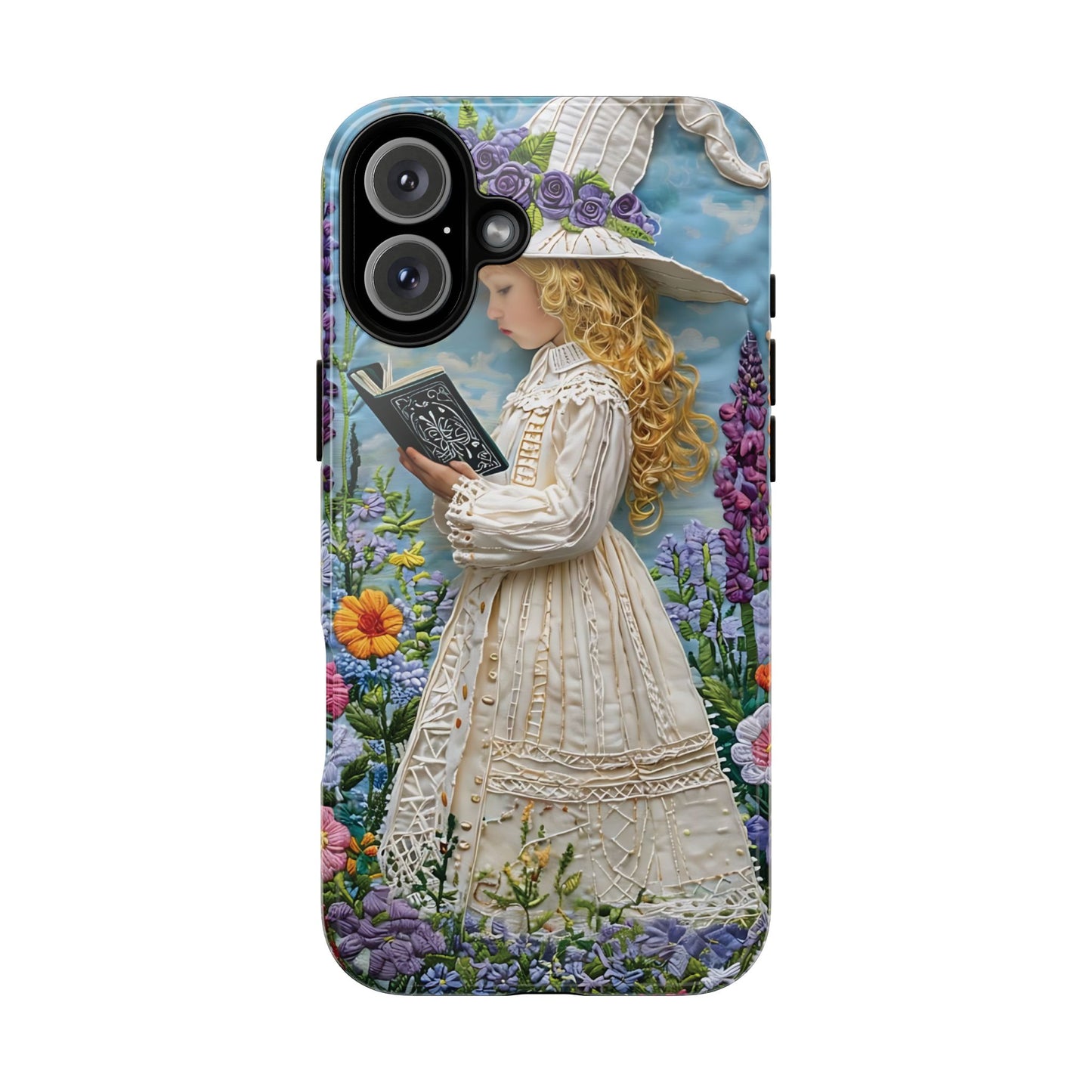 Whimsical Embroidery Of A Girl Reading In A Garden phone case design.