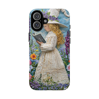 Whimsical Embroidery Of A Girl Reading In A Garden phone case design.