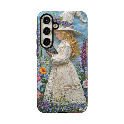 Whimsical Embroidery Of A Girl Reading In A Garden phone case design.