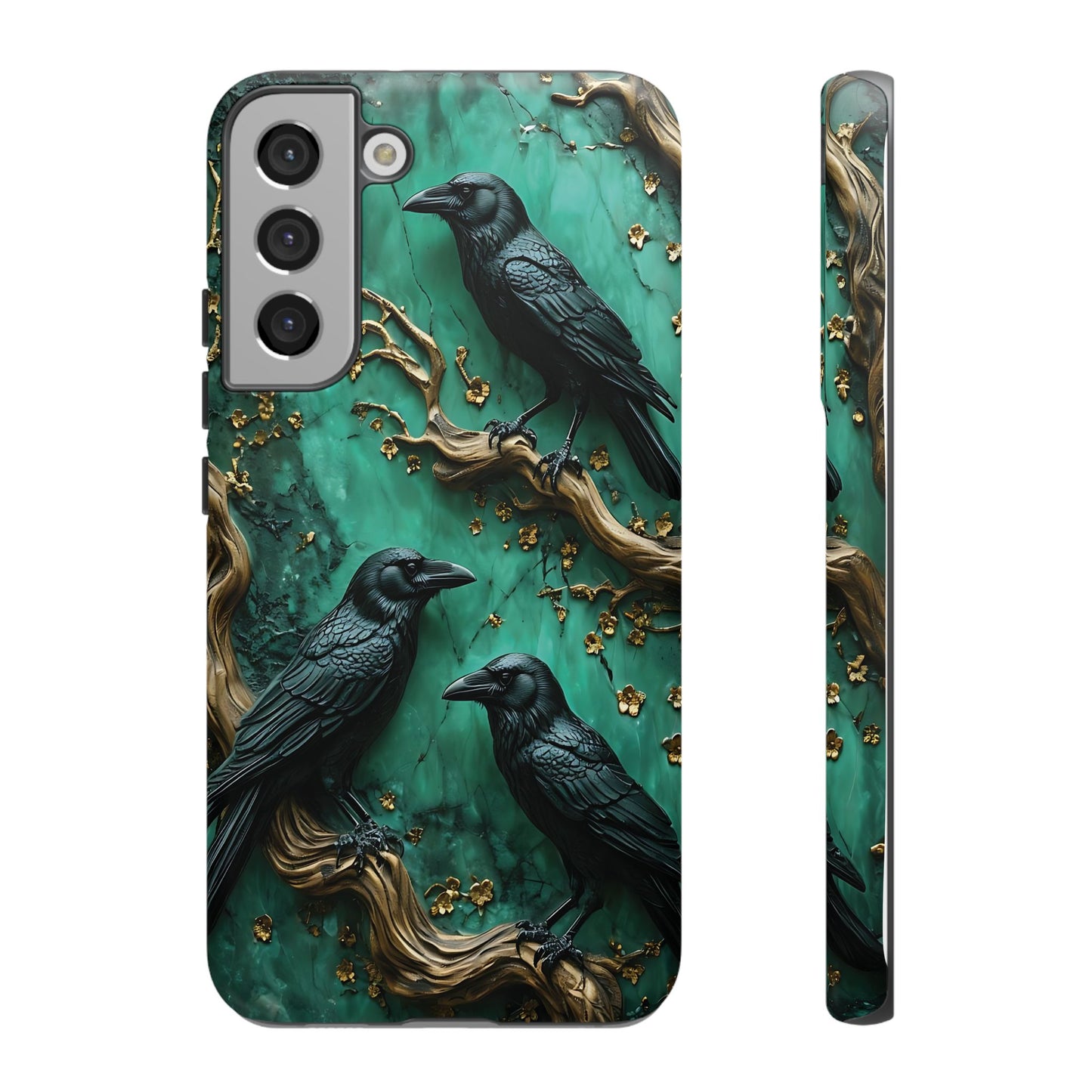 Three Black Ravens Perched On Gold-Accent Branches phone case design