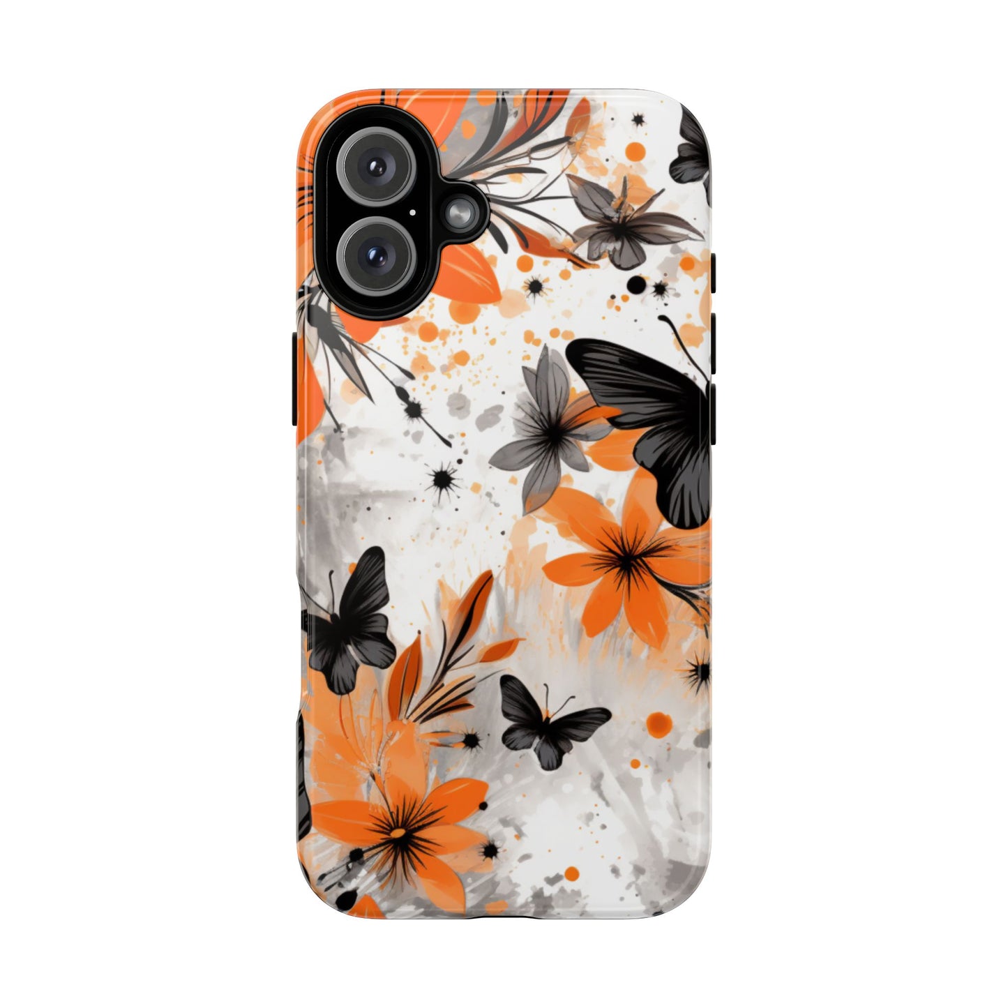 Bold Butterfly & Floral Splash Mobile Cover – Black & Orange Aesthetic
