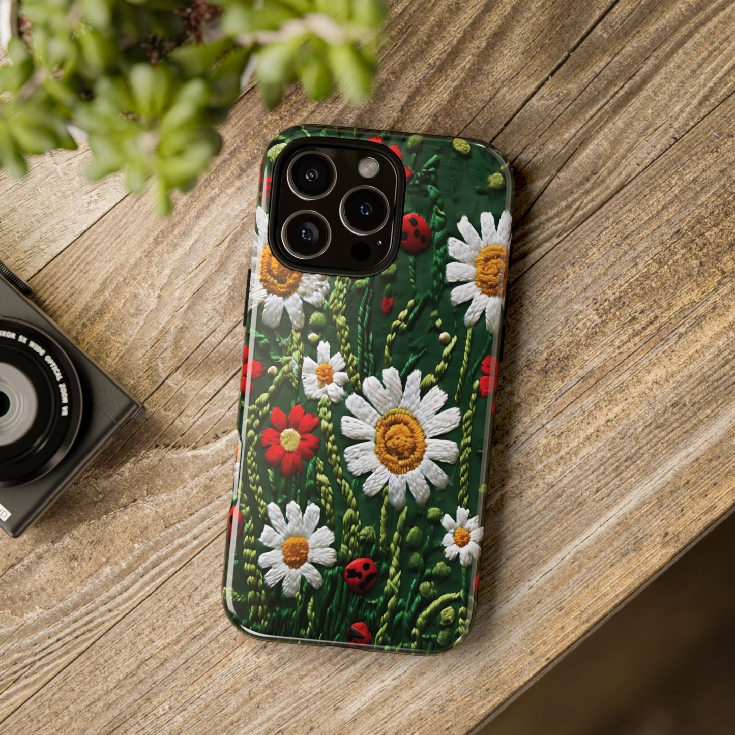 Intricate Embroidered Fabric Featuring Daisies And Ladybugs phone case design