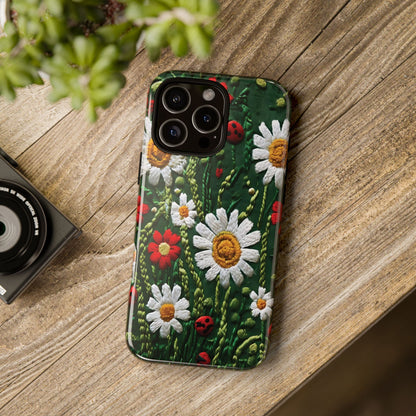 Intricate Embroidered Fabric Featuring Daisies And Ladybugs phone case design