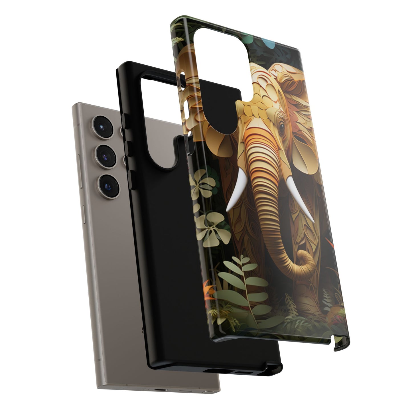 Golden Jungle Elephant Mobile Cover – Intricate Paper Art Design