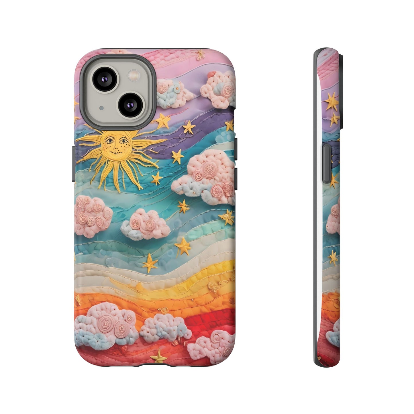 Whimsical Fiber Art Sky Scene With Dynamic Stripes And Clouds phone case design.