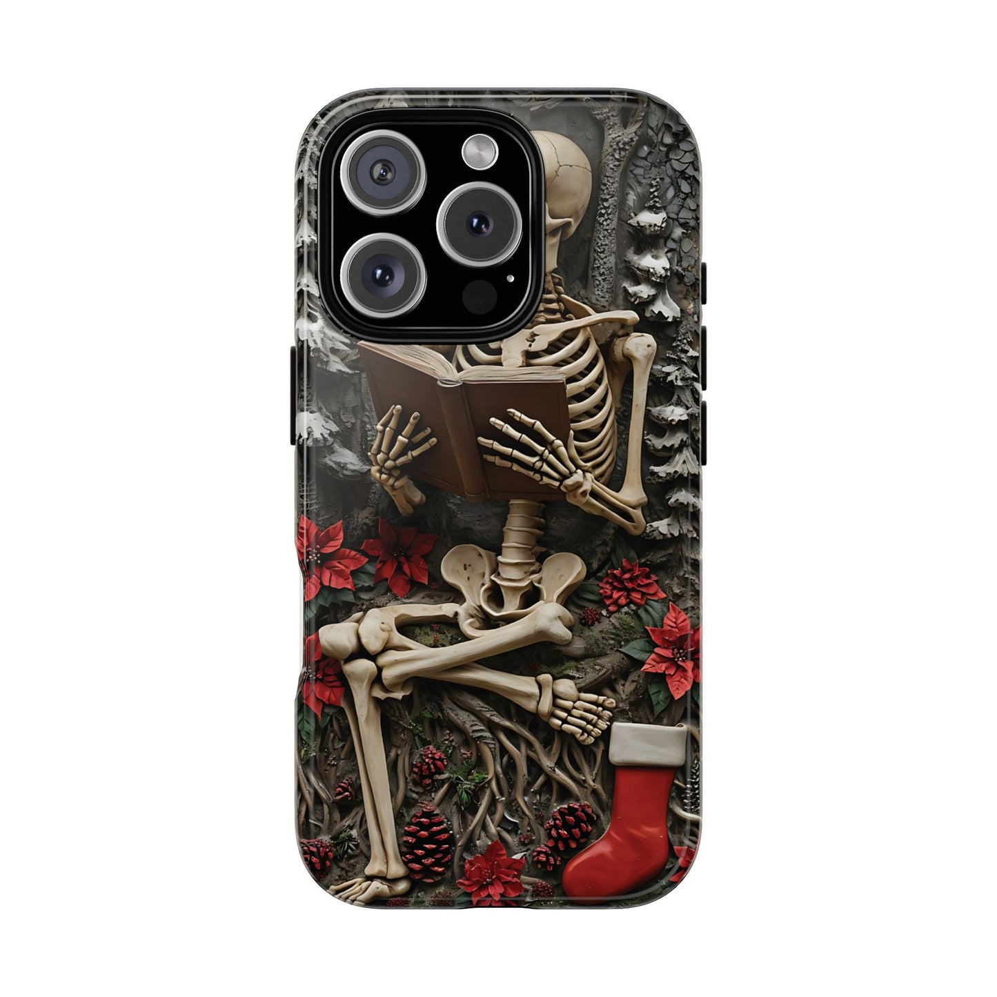 Surreal Relief Sculpture of Skeleton Reading Amidst Festive Decor phone case design