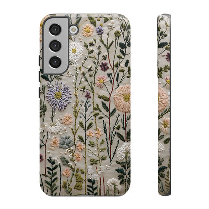 Intricate Embroidery Artwork Featuring Botanical Elements On Beige phone case design.