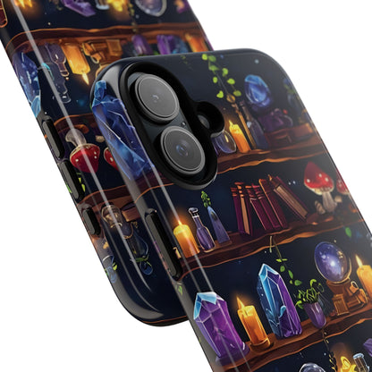 Fantasy Seamless Pattern Of Wooden Shelves Filled With Mystical Items phone case design.