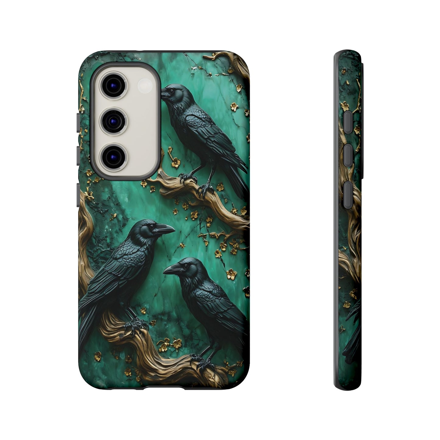 Three Black Ravens Perched On Gold-Accent Branches phone case design