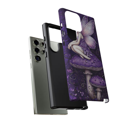 Whimsical Fairy Seated On Purple Mushroom In Enchanting Scene phone case design.
