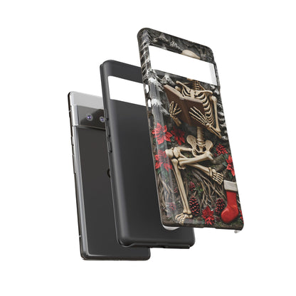 Surreal Relief Sculpture of Skeleton Reading Amidst Festive Decor phone case design