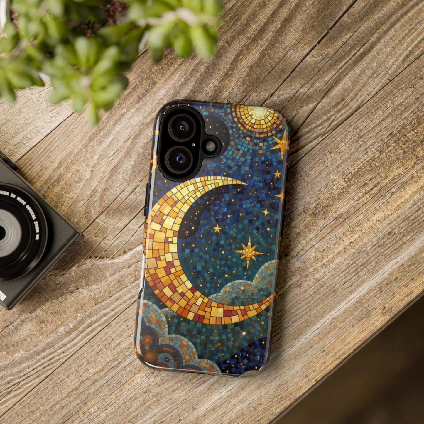 Golden Crescent: Mosaic Moon and Starry Night