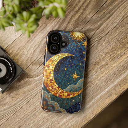 Golden Crescent: Mosaic Moon and Starry Night