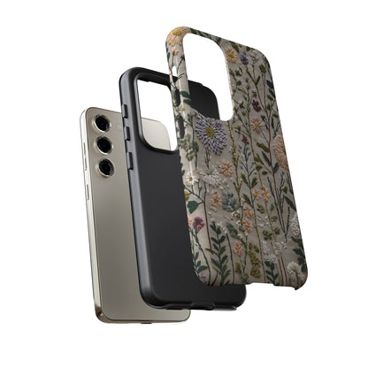Intricate Embroidery Artwork Featuring Botanical Elements On Beige phone case design.