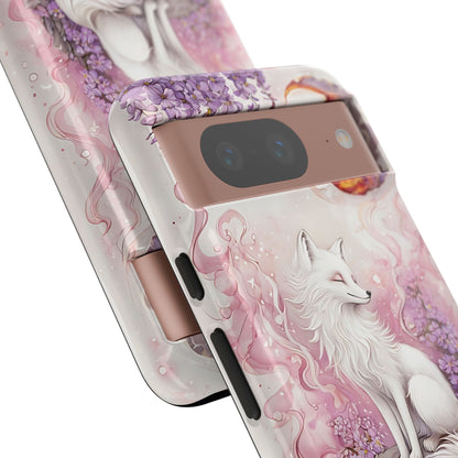 Whimsical White Fox Surrounded By Lavender And Pink Blooms phone case design.