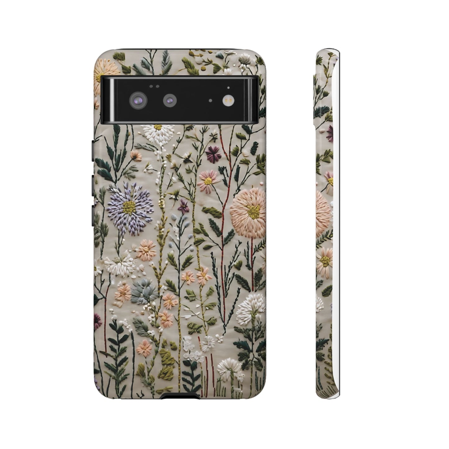 Intricate Embroidery Artwork Featuring Botanical Elements On Beige phone case design.