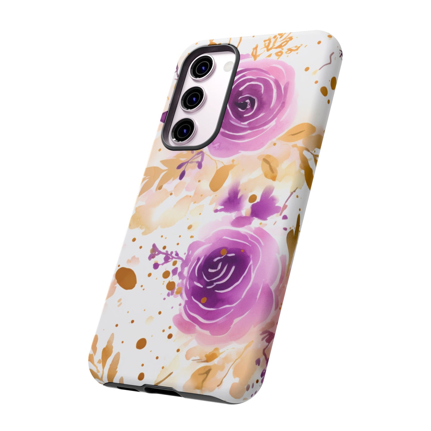 Purple Bloom Watercolor Mobile Case – Artistic Elegance in Gold & Lilac