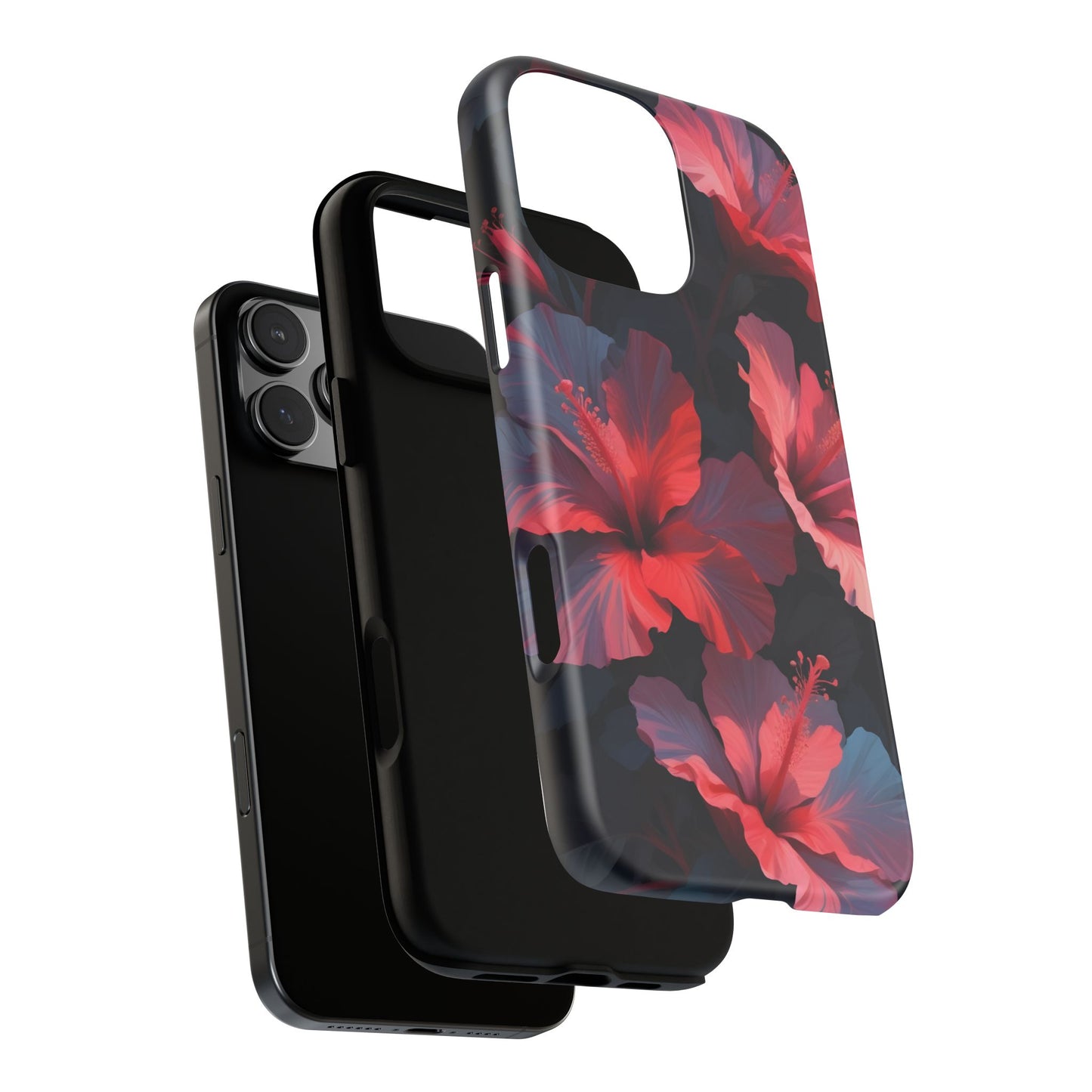 Vibrant red and pink hibiscus flowers blooming against a dark background| Floral phone case design