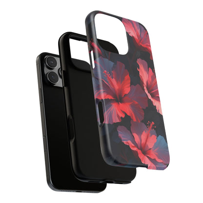 Vibrant red and pink hibiscus flowers blooming against a dark background| Floral phone case design